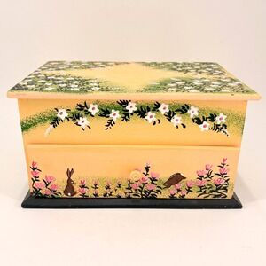 Hand Painted Wooden Jewelry Box Bunny Rabbit Floral Garden Cottagecore Easter